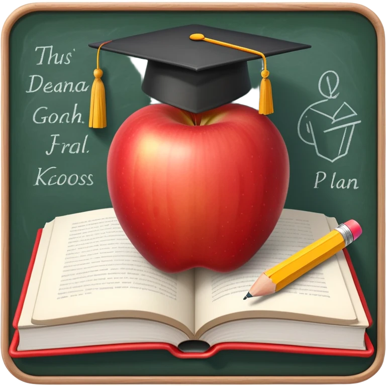 An icon featuring an open book, a pencil, and an apple, symbolizing education and pedagogy. The design includes a chalkboard with a lesson plan and a graduation cap, representing teaching and learning. Transparent background highlights the nurturing of knowledge and growth. emoji