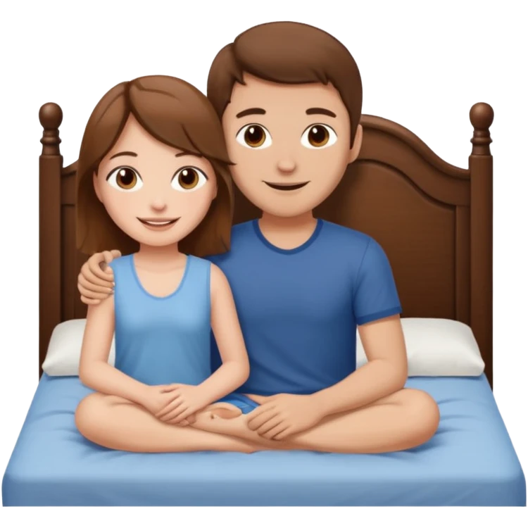 A brown-haired girl and a brown-haired man. They are both on a bed. The girl is sitting on the man. emoji