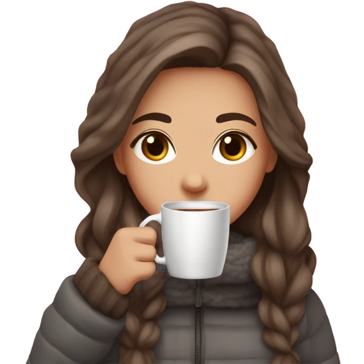 Girl with brown hair with dark gray highlights, fair skin, long beautiful hair, soft pink lips, brown eyes, drinking coffee and wearing winter clothes eting cake emoji