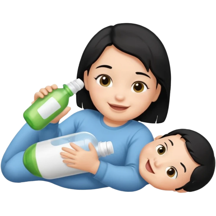 A baby with black hair holding a bottle while laying down emoji