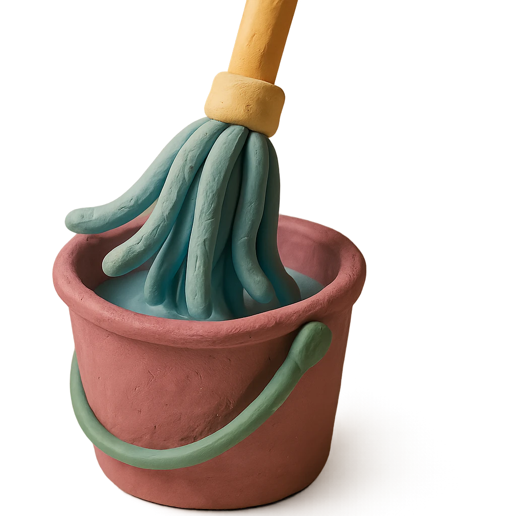 close-up of mop wringing out in a bucket, soft lighting, pastel colors, claymation style emoji