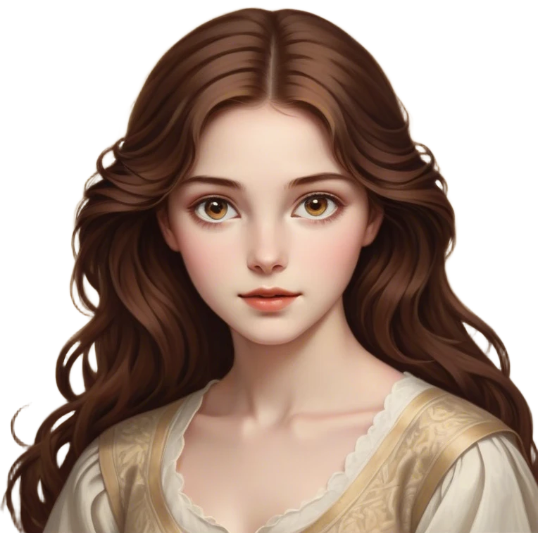 Cinematic Realistic Belle Portrait, depicted with lifelike skin texture, soft natural lighting, and intricately detailed brown hair styled elegantly. Her deep, expressive eyes exude warmth and intelligence, complemented by a serene and graceful expression. She is dressed in her classic attire, with rich fabric textures and delicate folds that catch the light beautifully. The portrait features a soft, enchanting glow with a natural, radiant finish, capturing the essence of timeless beauty in a realistic and painterly style, evoking a sense of depth and authenticity. emoji