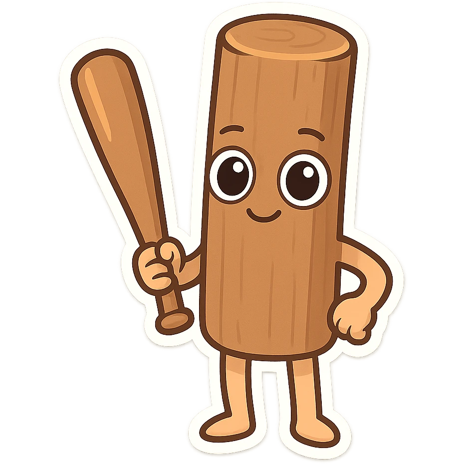 Chibi emoji of Tun Tun Suhoor, wooden stick body, smooth brown texture, big cartoon eyes on the stick, small smile, human arms and legs, holding a wooden bat, absurd and funny meme style, no text emoji