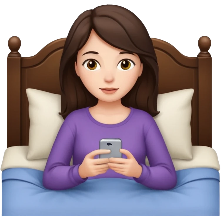 Brunette woman cozy in bed using iPhone  emoji