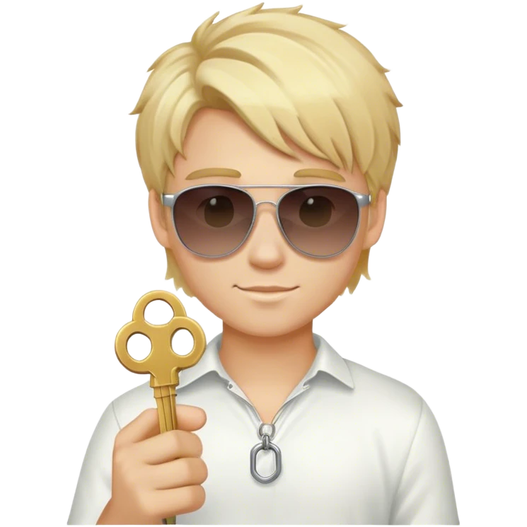 A young blond man, with a gradient in the hair and sunglasses. He holds a key emoji
