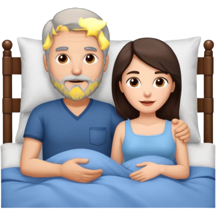 Grey haired man with beard, and brunette woman in bed  emoji