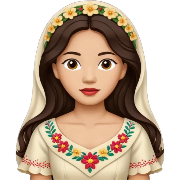 Filipino woman with long dark wavy hair parted in the middle wearing a traditional filipiniana emoji