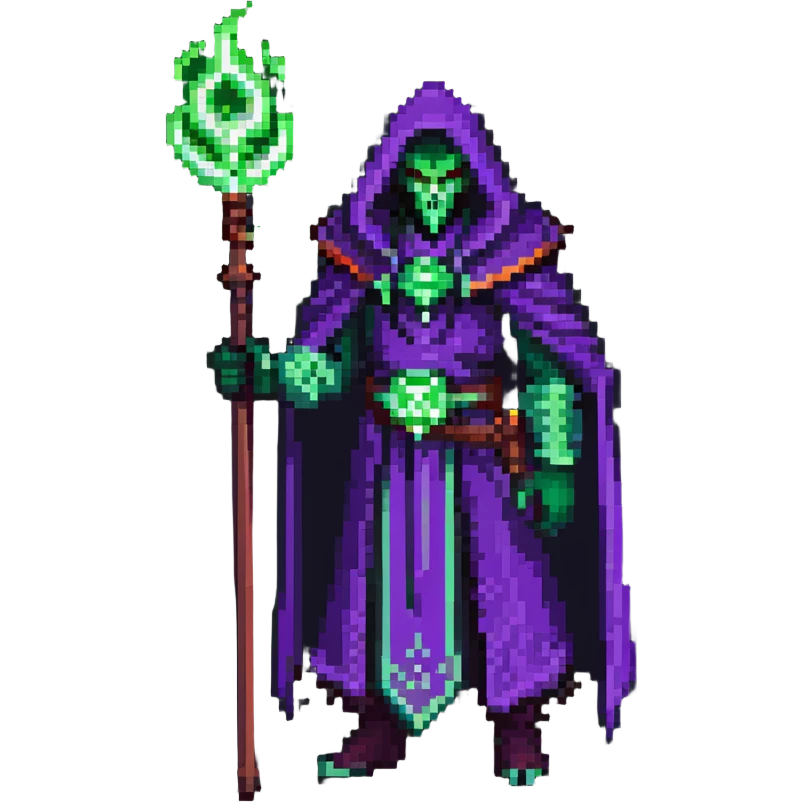 warlock with purple robes, green fel magic, demonic energy, holding a staff, World of Warcraft character emoji