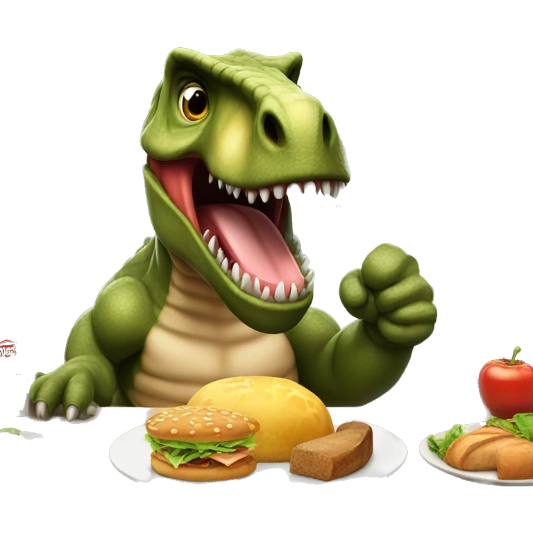 tyrannosaurus showing thumbs up wth a table with food in the back emoji