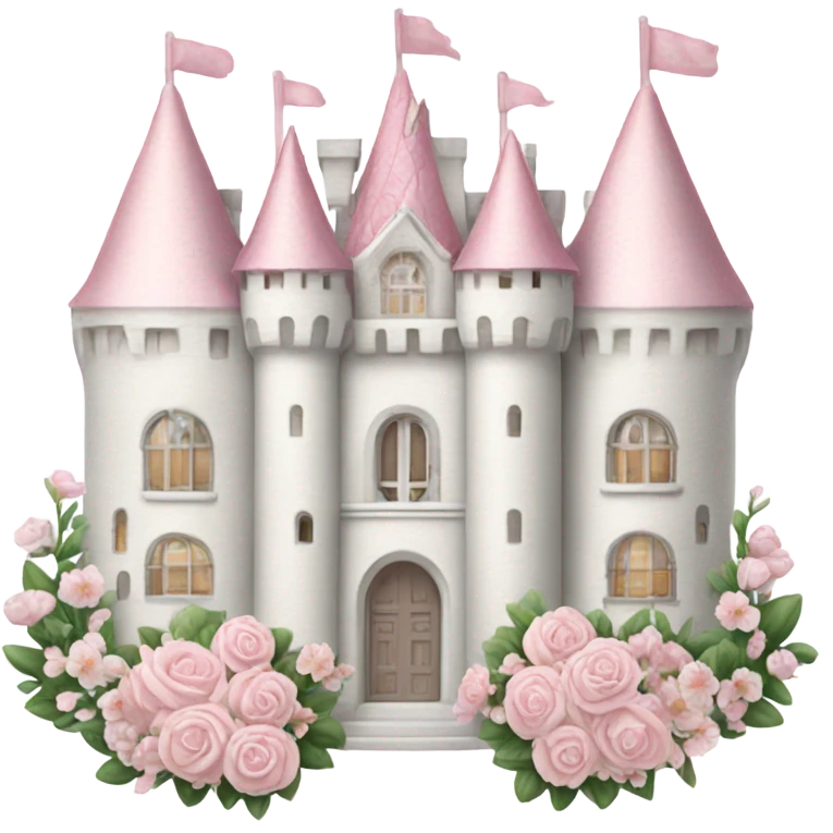 white elegant castle that is very feminie and pretty and elegant and it had baby pink accents when i say accents i mean like props like for example like baby pink flower emoji