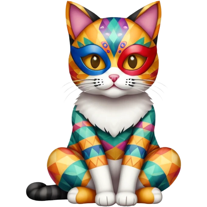 cat full body sitting with colorful patterned mask emoji