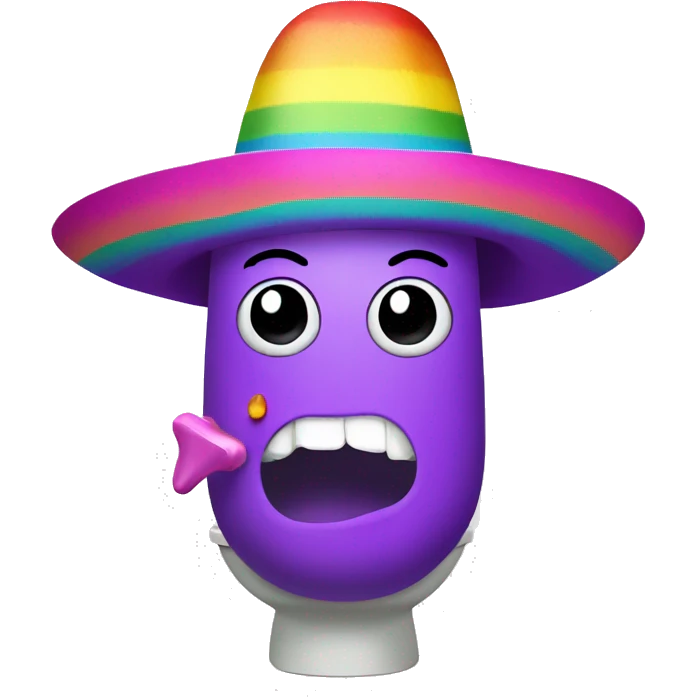 a purple pickle wearing a lot of makeup and a rainbow sombrero on the toilet emoji