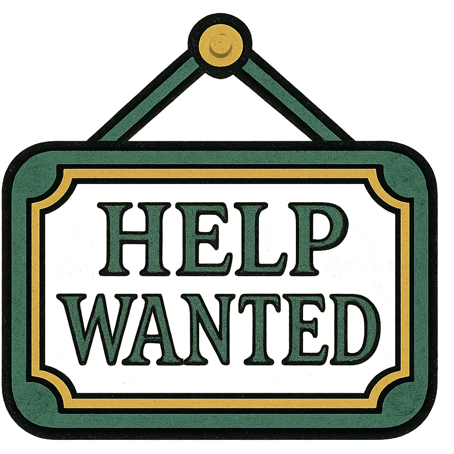 help wanted sign in green, white, and gold color scheme, classic hanging sign, elegant font, decorative border emoji