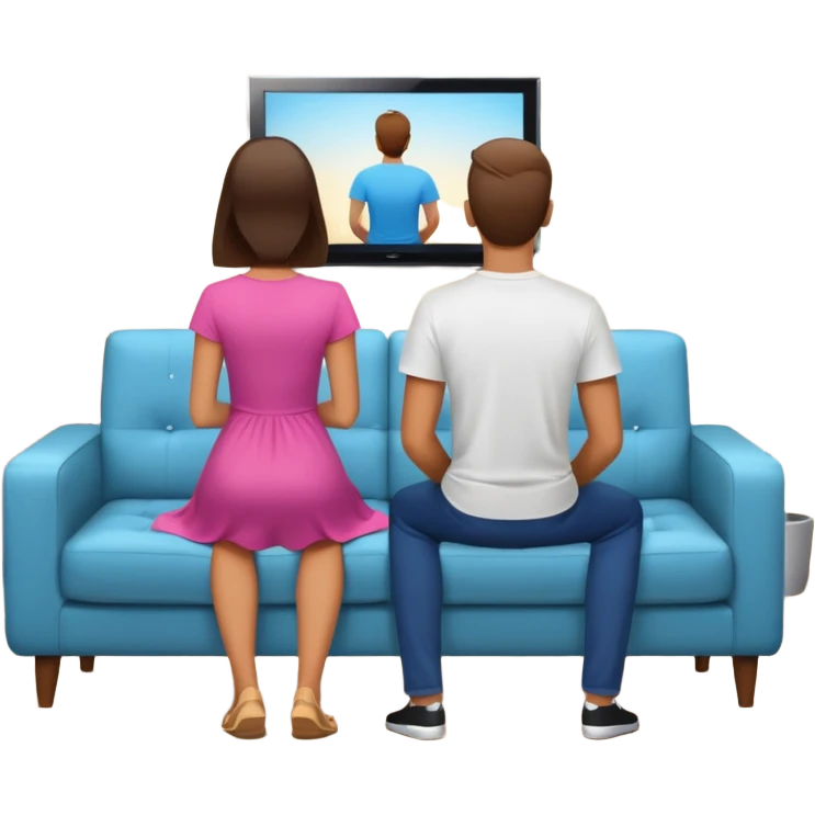 A man and a women photographed from behind, sitting on a sofa and watching the news on TV on a modern flat screen. The setting is a living room. emoji