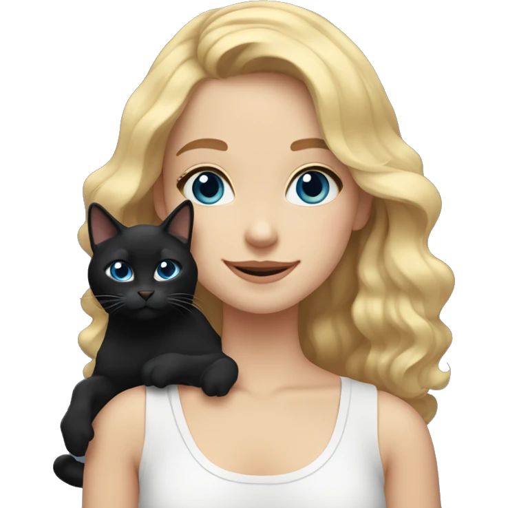 Girl with medium length blonde wavy hair dark blue eyes smiling with a black cat in her hands emoji