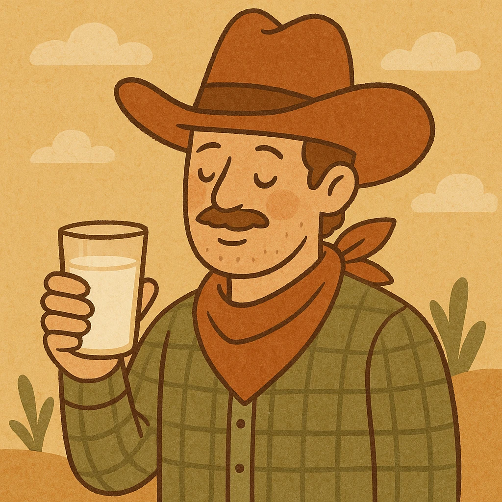 a cowboy holding a glass of milk, western theme, warm colors, detailed illustration emoji
