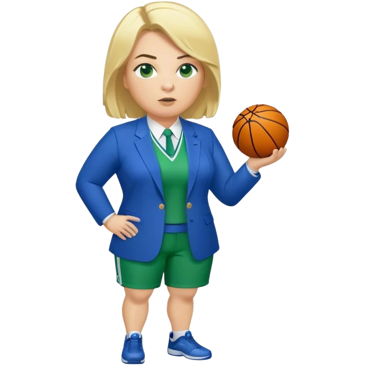 Full Body white plus size female basketball head coach with whistle  blonde hair shoulder length in a blue and green suit emoji