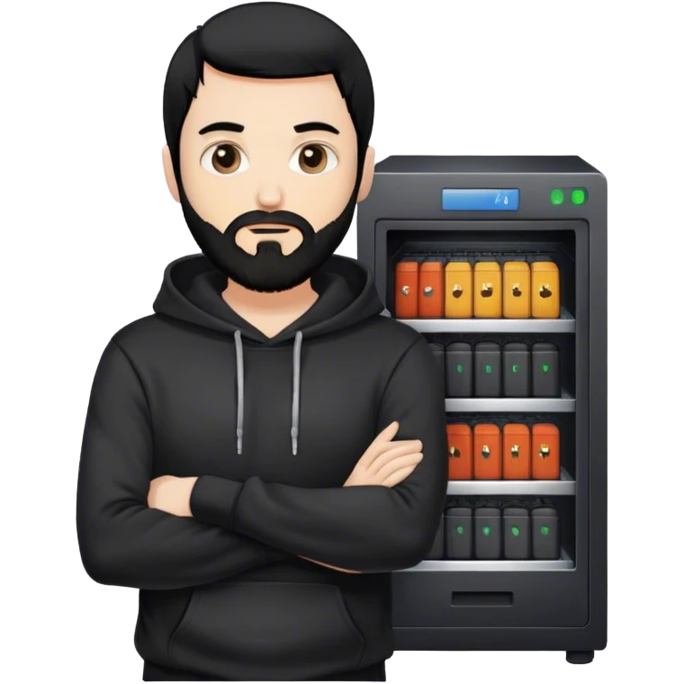 hackeur blanc cheveux noir barbe et capuche noir à côté d'un server emoji
