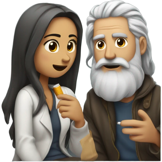half white half mexican girl with long hair smoking a cigarette with a white guy homeless man with grey long hair and a beard as they chat emoji