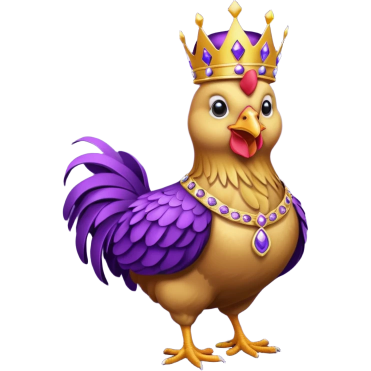 chicken King, standing, with crown, royal purple cloth, necklace, emoji
