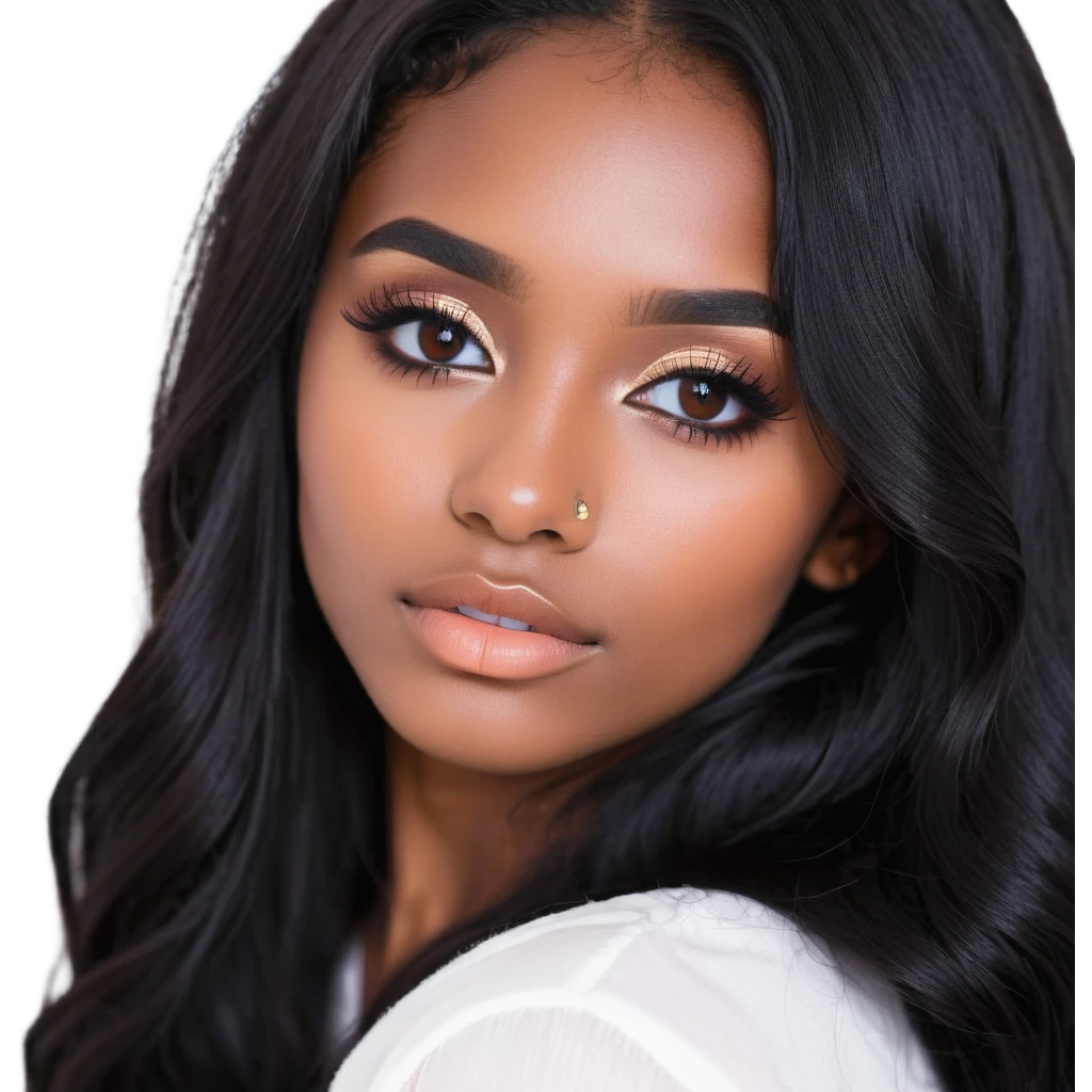 pretty girl with long black hair, button nose, brown eyes, dark skin, pretty makeup and lashes emoji