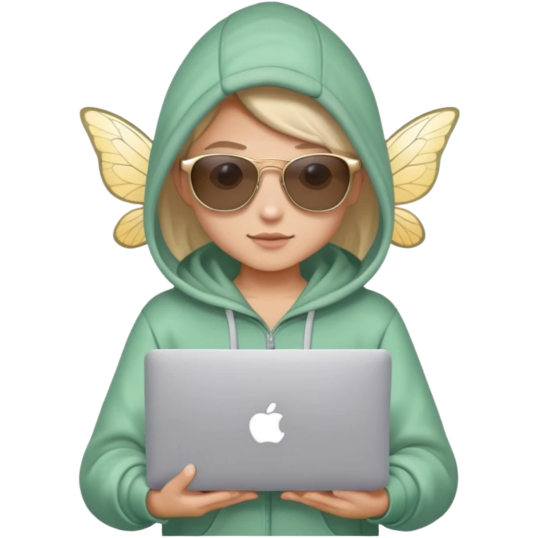 Fairy wearing hoodie and sunglass and holding macbook on a hand emoji