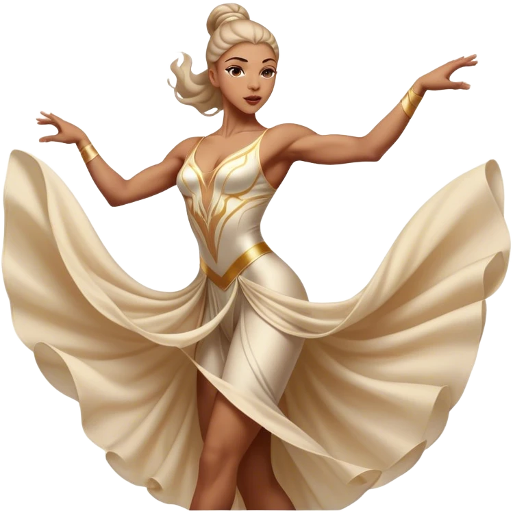 Cinematic Realistic Dance Poses, an elegant dancer mid-motion, muscles tensed with control, soft fabric of their attire flowing with movement, dramatic lighting highlighting the graceful lines, glowing with passion and poise. emoji