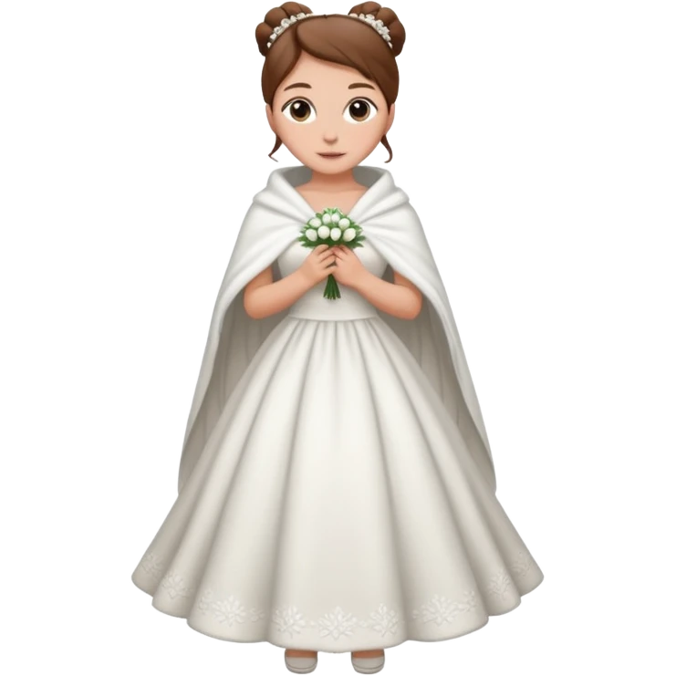 Cuerpo entero, chica blanca, pelo castaño, pelo recogido con mondongos, vestido novia con chal invierno emoji