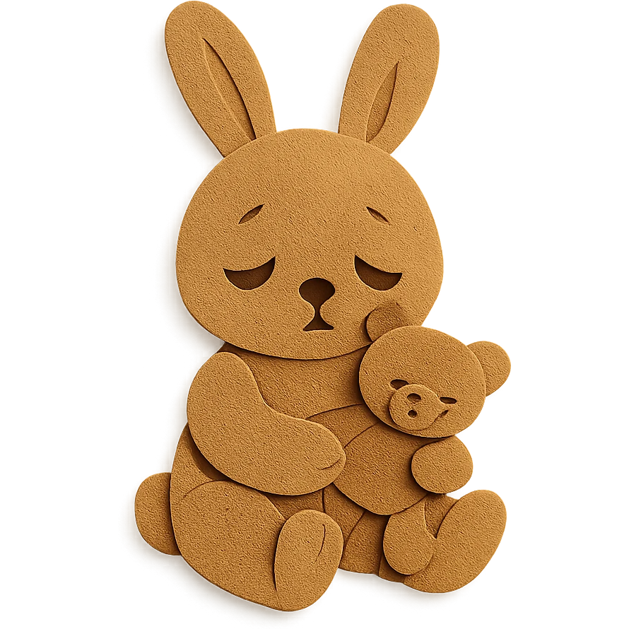 flawless, highly detailed, high quality paper craft style illustration of a caramel-colored bunny holding a teddy bear, eyes drooping, perfect proportions, no imperfections, intricate textures, soft lighting, delicate cut-paper details emoji