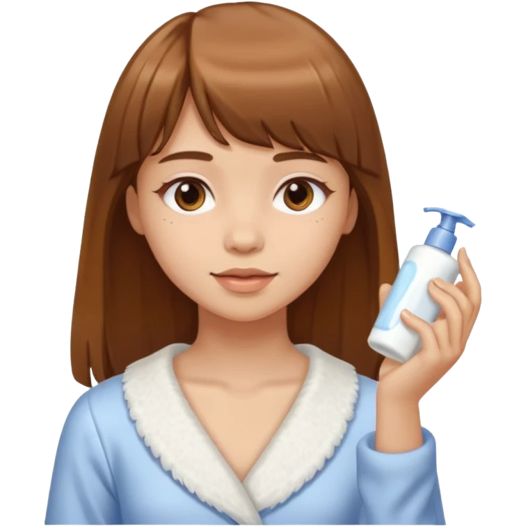 a girl with light skin and medium brown long hair with bangs who is applying lotion to her body emoji