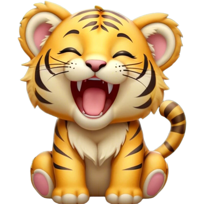 Cinematic Cute Yawning Tiger Cub Portrait Emoji, Head tilted slightly with a dramatic, wide-open yawn, showcasing a small, plush body with drowsy, half-closed eyes and an open, relaxed expression, Simplified yet irresistibly adorable features, highly detailed, glowing with a soft, cozy wild glow, high shine, relaxed yet expressive, stylized with a dash of whimsical jungle charm, soft glowing outline, capturing the essence of a drowsy yet affectionate tiger cub that appears ready to stretch out for a nap! emoji
