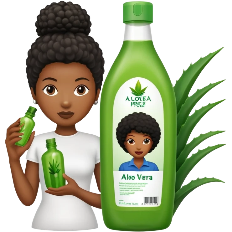 Bottle of Aloe Vera Pre-Poo. The label on the bottle should have a picture of a black woman with afro holding aloe. vera leaf. emoji