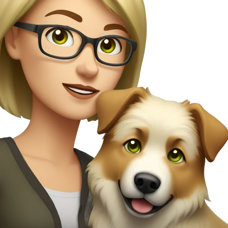 Brown light hair woman aux Green eyes with glasses Green eyes and White eurasier dog  emoji