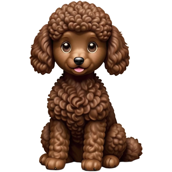 cinematic-[poodle]-realistic-full-body-sitting-emoji,-tail-resting-loosely-beside-its-paws,-head-tilted-dramatically, -curly-[chocolate]-fur,-simplified-yet-realistic-focused-features,-highly-detailed,-glowing-with-an-almost-sarcastic-glow emoji