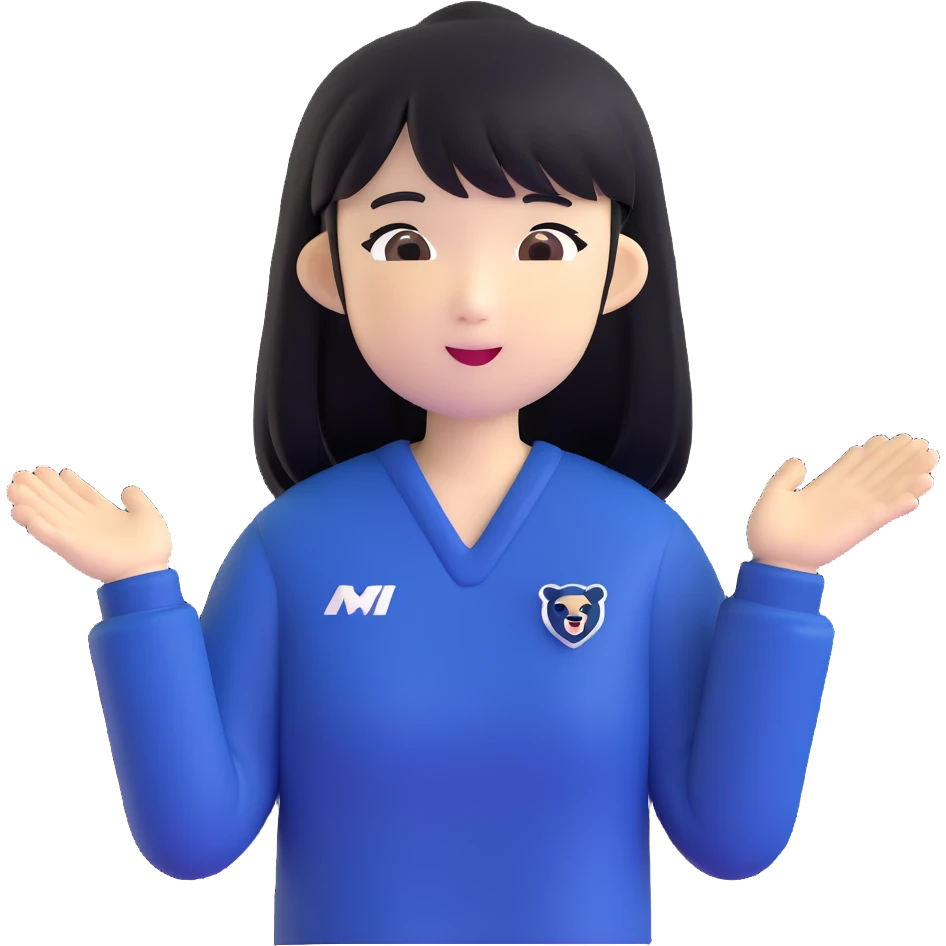 East Asian woman with long black straight hair and bangs wearing navy and white Doosan Bears team colors, cheering emoji