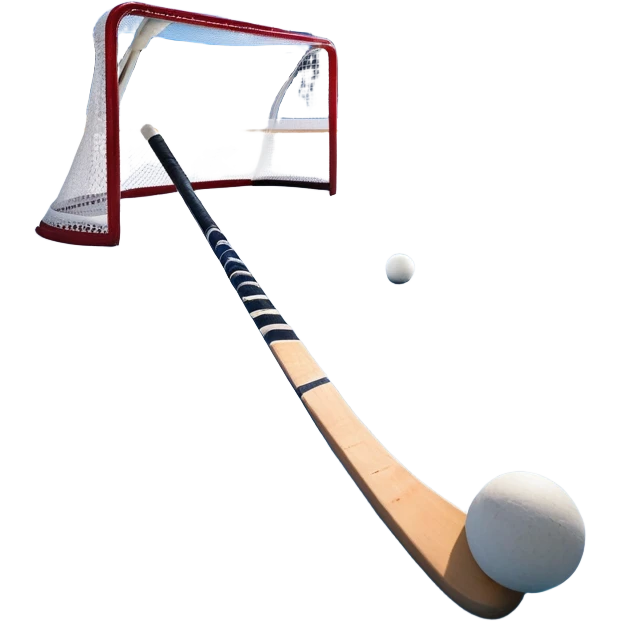 A ball and hockey stick resting on an ice rink, with the goalposts and clear markings in the background. The scene captures the unique nature of field hockey with a ball on ice, emphasizing the speed and precision of the sport in a cold, competitive atmosphere. emoji