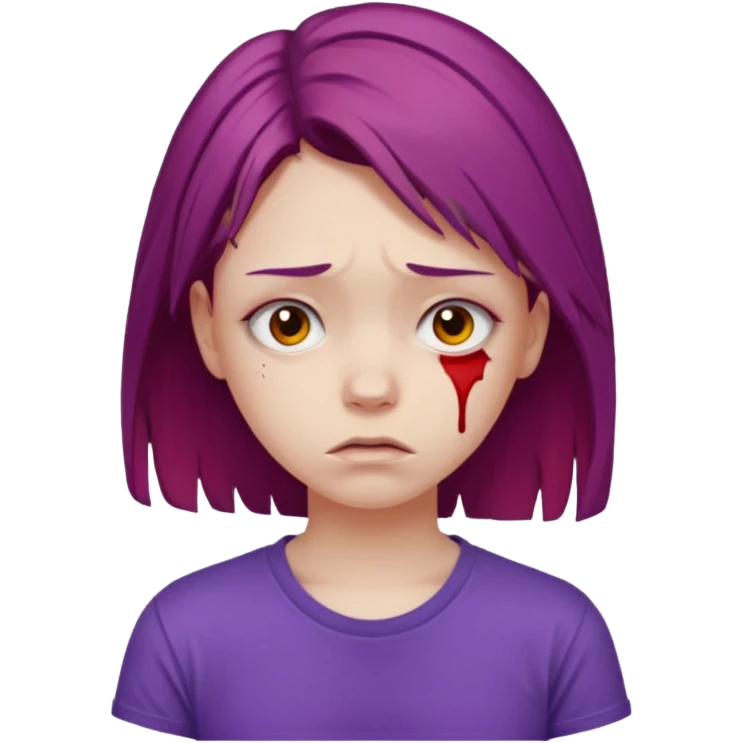 Young girl with red, damaged, and unattractive hair, wearing a purple T-shirt, with a sad face. emoji