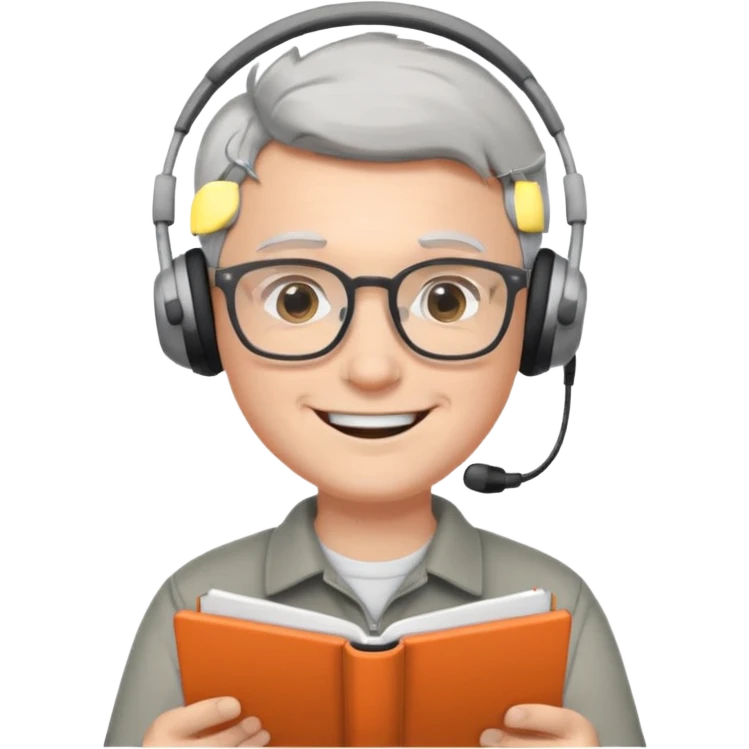 intelligent young white man, doing data analysis, wearing glasses, small headphones, big smile, short gray hair emoji