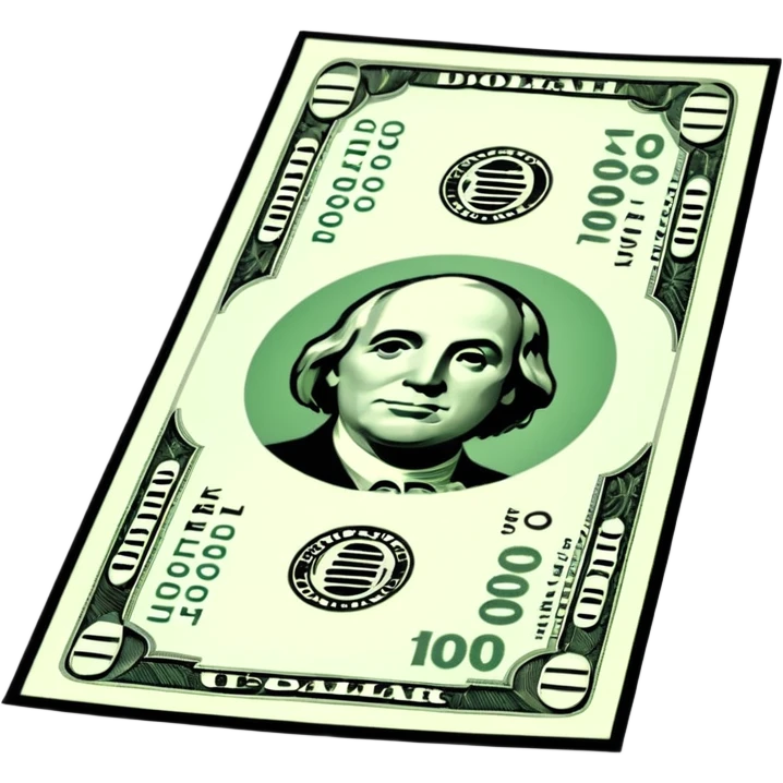 3D realistic US 100 dollar bill sticker, slight perspective, centered, clean cutout, transparent background, no text, no watermark emoji