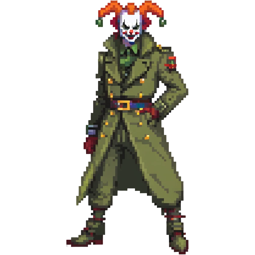 evil clown soldier, bald, small black horns on forehead, fangs, pointed ears, eye patch over one eye, long coat over black and military green clothes with bellbottom pants, tail, realistically proportioned, less bulky, full body, fighting stance emoji