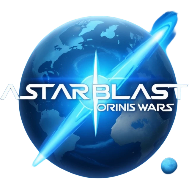 The image is a sci-fi poster with glowing blue text that reads “ALPHA ORIONIS WARS.” A bright blue planet or star glows at the bottom, and the word “STARBLAST” appears below. The design has a futuristic, space-themed look. emoji