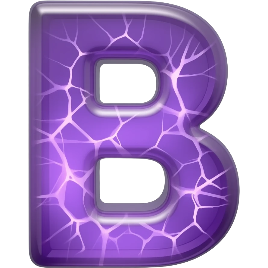 A hyper-realistic 3D letter 'B' carved from translucent purple amethyst, filled with glowing internal fractures. Volumetric lighting, cinematic glow, dark background, 8k resolution, emoji