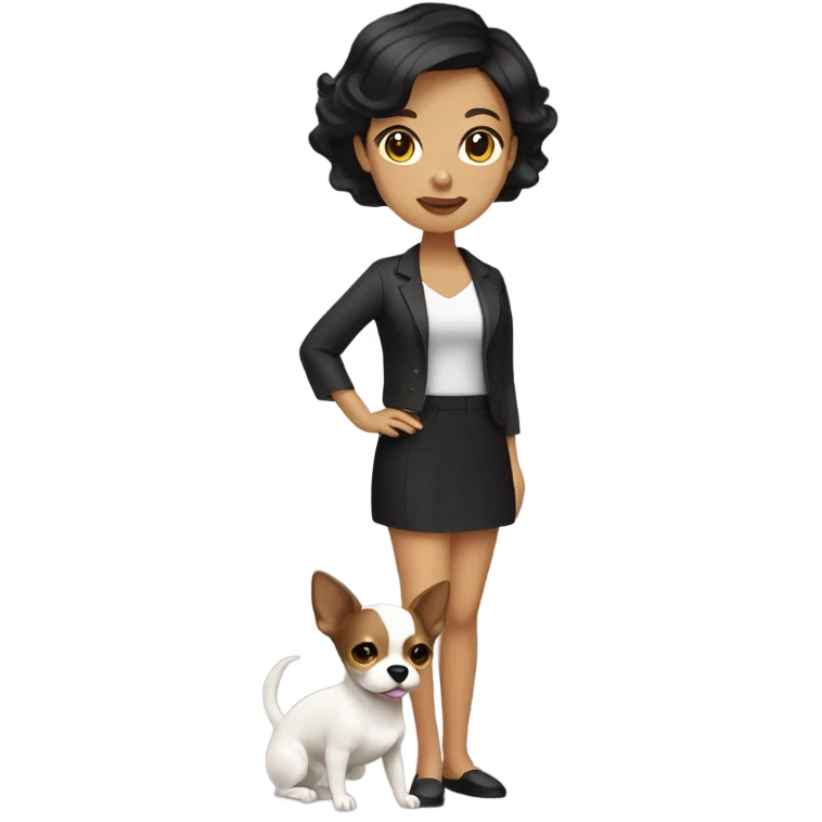 Wavy dark brown short hair Filipino lady with Chihuahua black and white. emoji