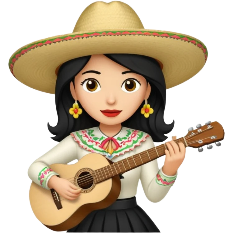 Mujer blanca con cabello negro teniendo un sombrero de mariachi sosteniendo una guitarra emoji