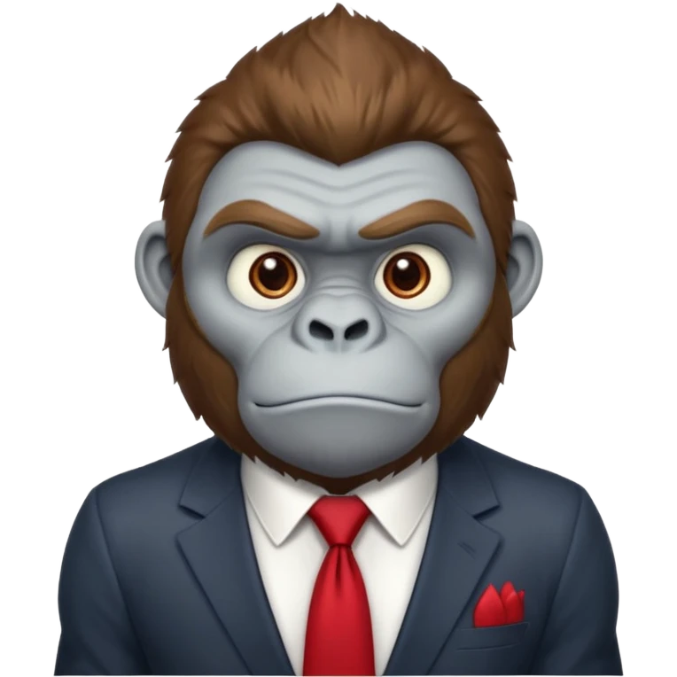 Brown haired cartoon gorilla with tufted tip of hair on the top of his head, light skin tone, heavy brows and cartoony eyes, he is a strong ape with and a red tie, but doesn't were any suit  emoji