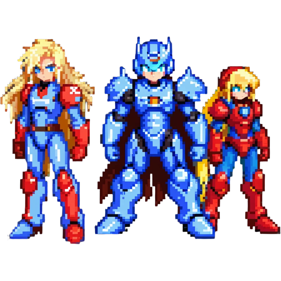 Megaman X in blue armor, Zero with long blonde hair and red armor, and Sigma with a scar, as friends posing together emoji