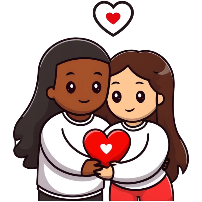 A couple embracing, man with mestizo brown skin and slightly long straight dark brown hair, woman with fair skin and long dark brown hair, with white hearts around them emoji