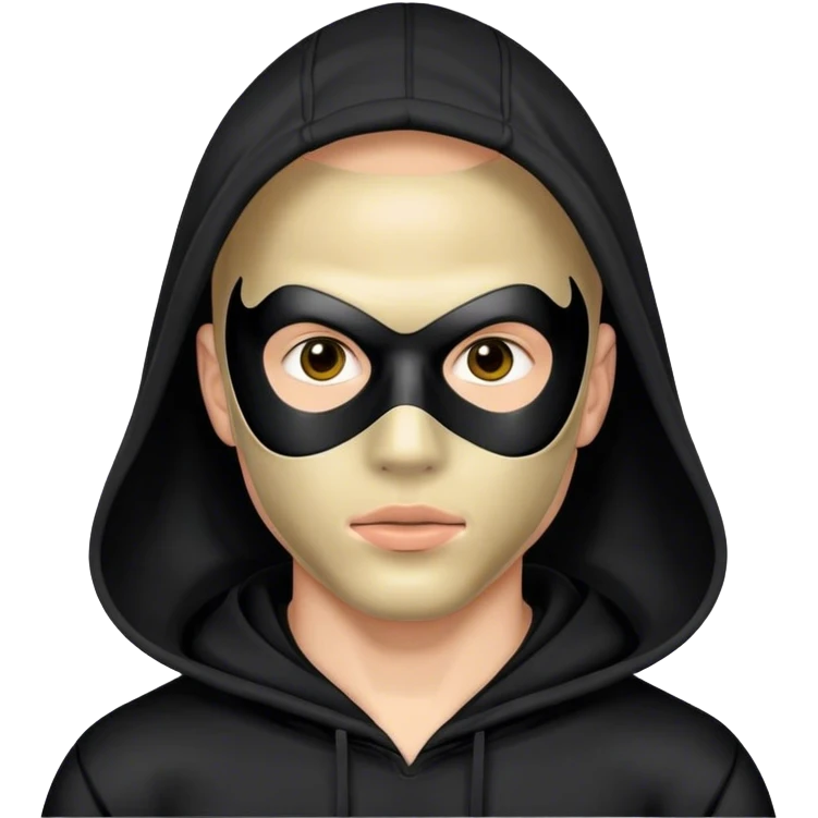 man with black full face plastic mask and black hoodie emoji