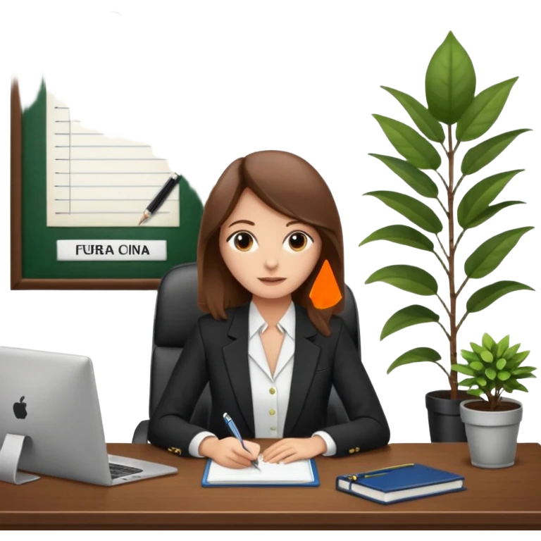 imagen de una mujer castaña en una oficina con escritorio, silla, notebook, agenda y una planta con un cartel que diga en español FUERA DE OFICINA emoji