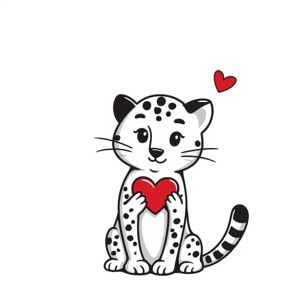 snow leopard with cat ears holding a red heart emoji